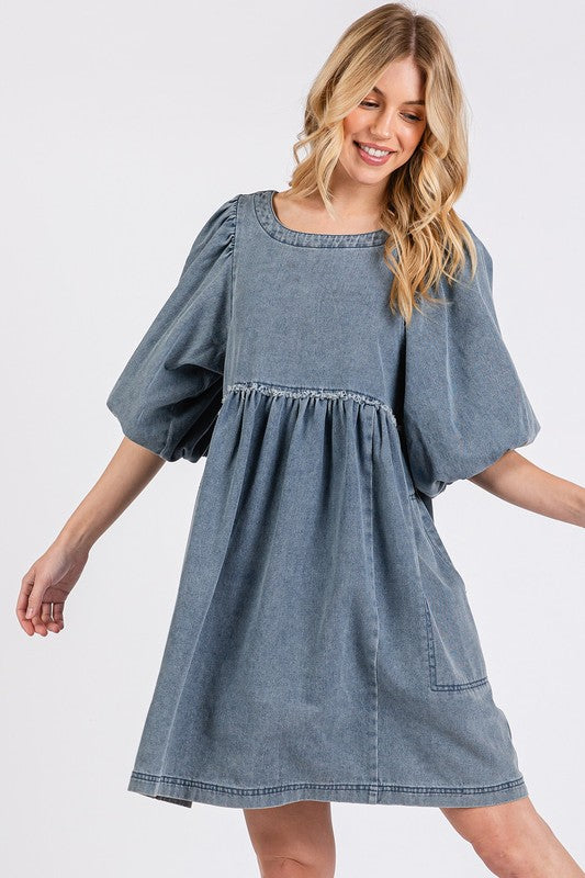 Washed Round Neck Puff Sleeve Denim Dress – Casual, Vintage-Inspired, Comfortable & Chic, Effortlessly Stylish, Classic Denim Dress