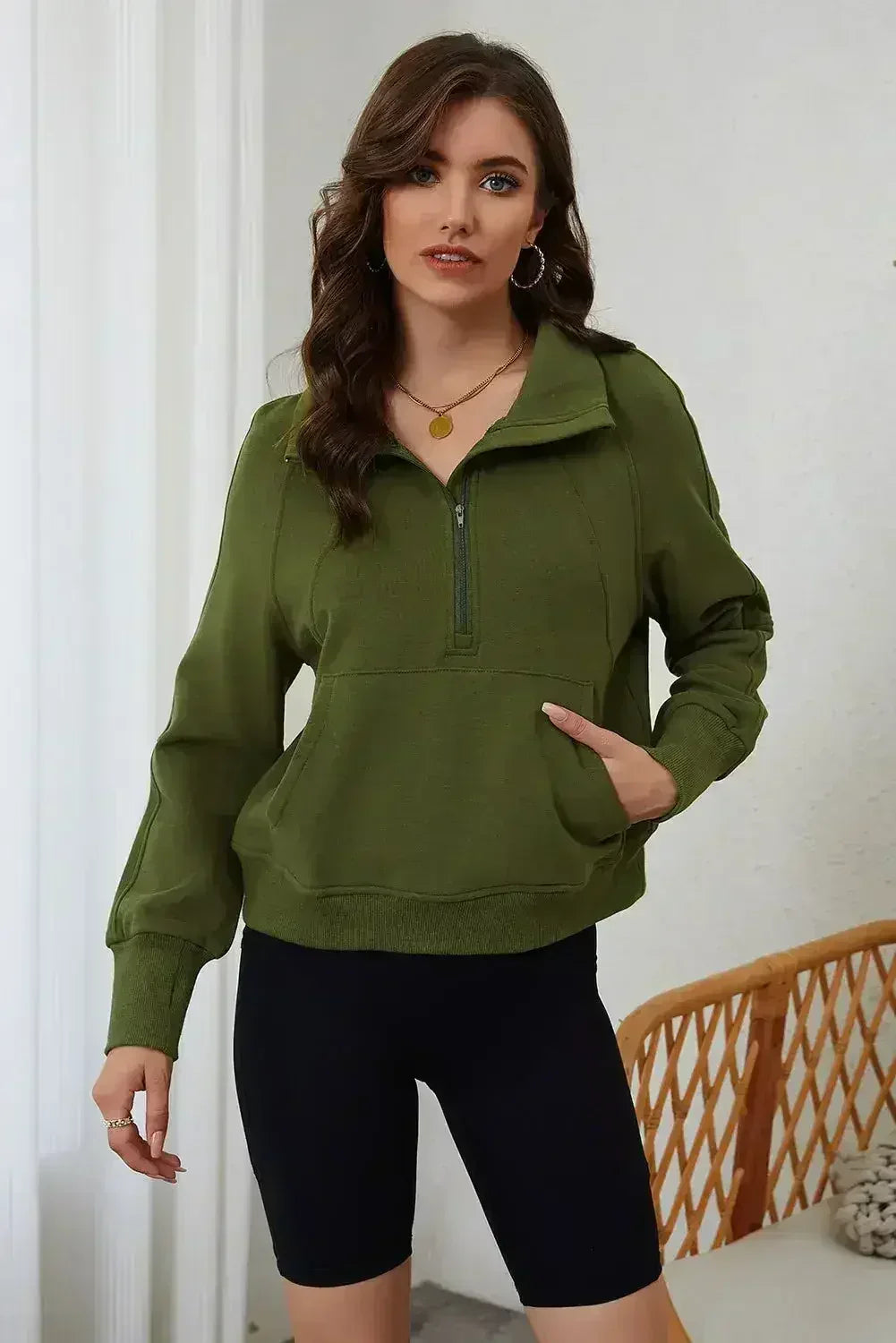 Moss Green Quarter Zip Stand Neck Kangaroo Pocket Sweatshirt