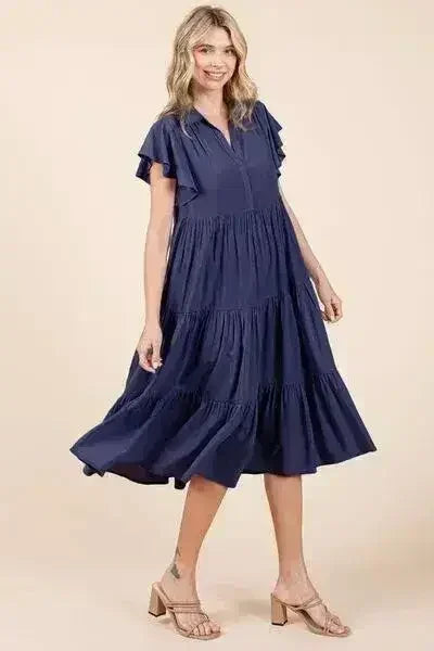 Ruffle Sleeve Tiered Midi Dress - Feminine & Elegant | Femstylo