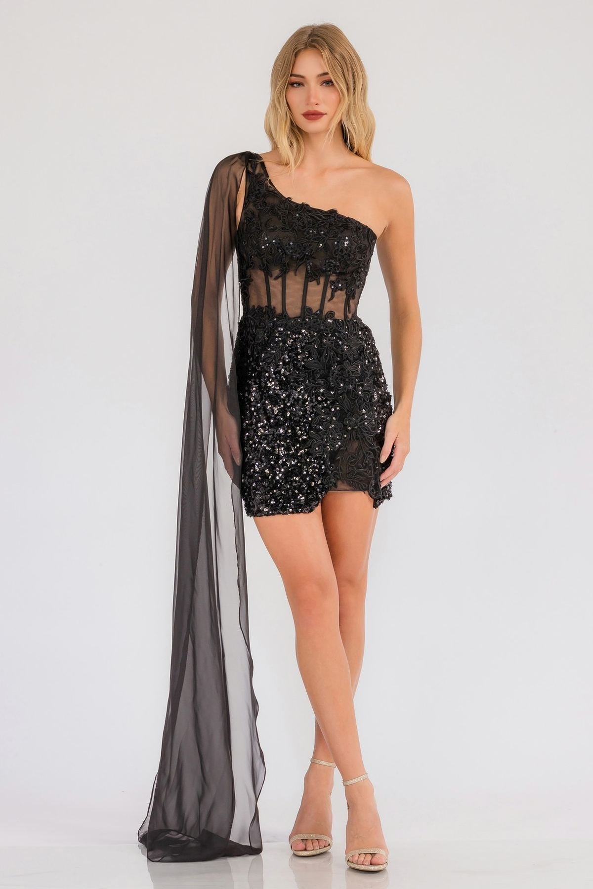 Juliet JT937R Dress One Shoulder Cape Sleeve Cocktail Sequin Gown