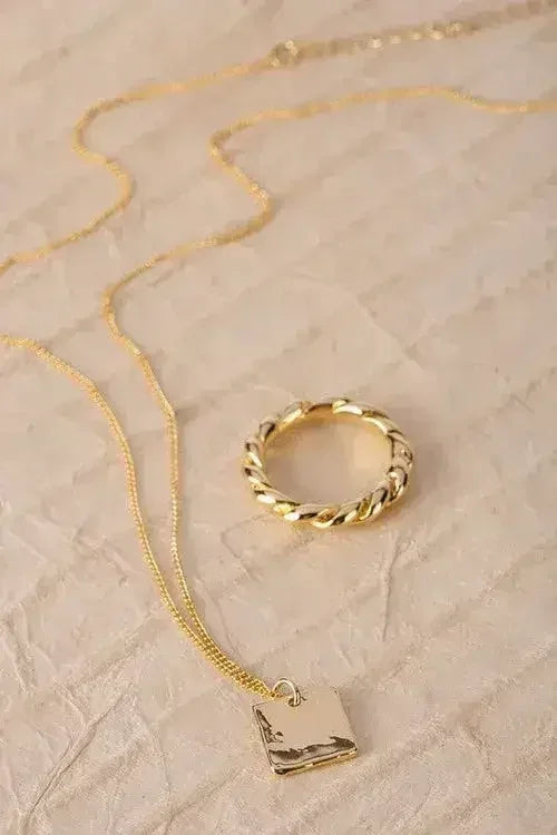 Gold Twisted Ring & Square Pendant Necklace Set - Nickel-Free
