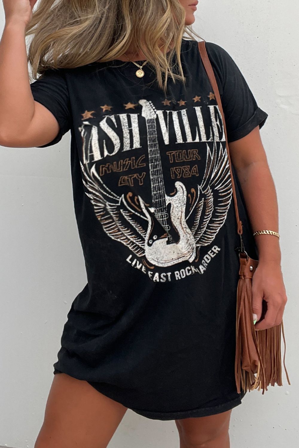 Black Graphic Round Neck Short Sleeve Tee Dress Trendy Casual T-Shirt Dress for Women