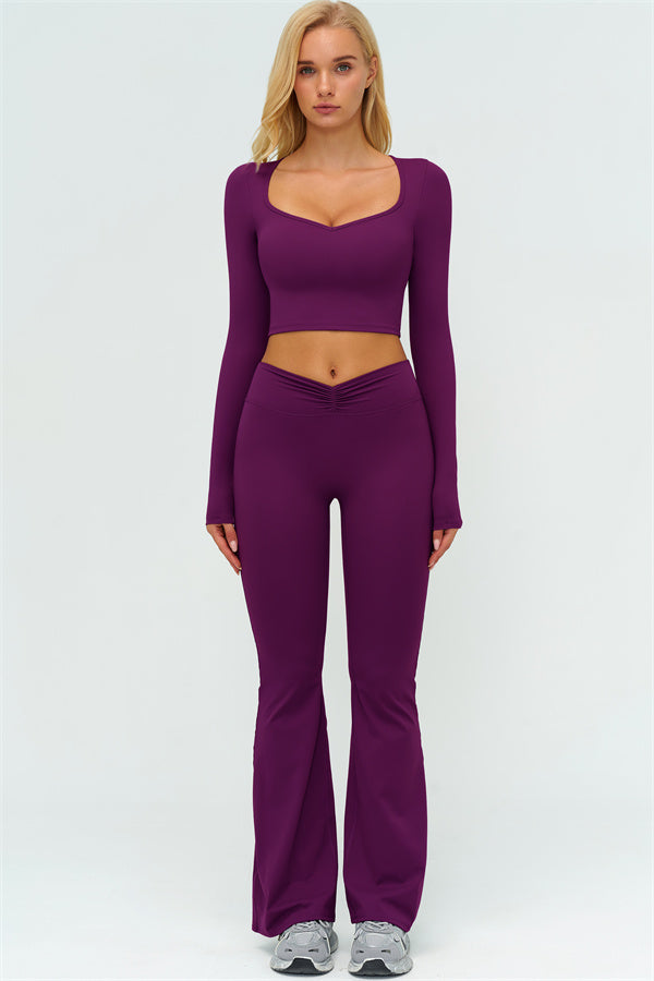 The Lushness Long Sleeve Crop Top Flared Leggings 2-Piece Set