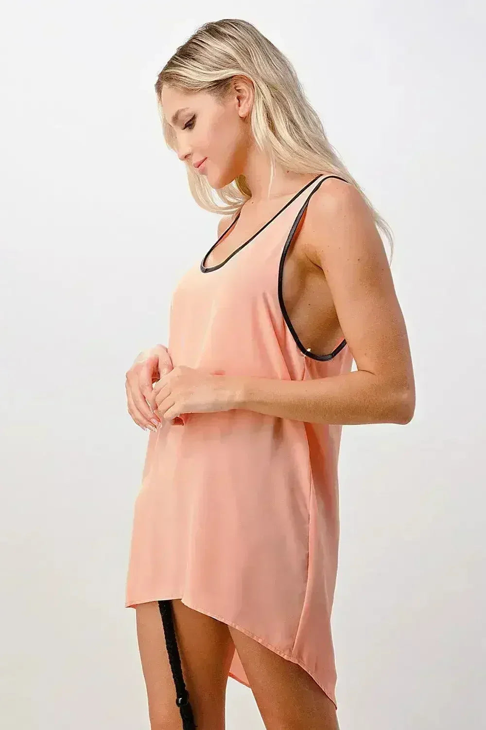 Vegan Leather Trim Tank Top - Scoop Neck Cami in Pink & Yellow | Femstylo