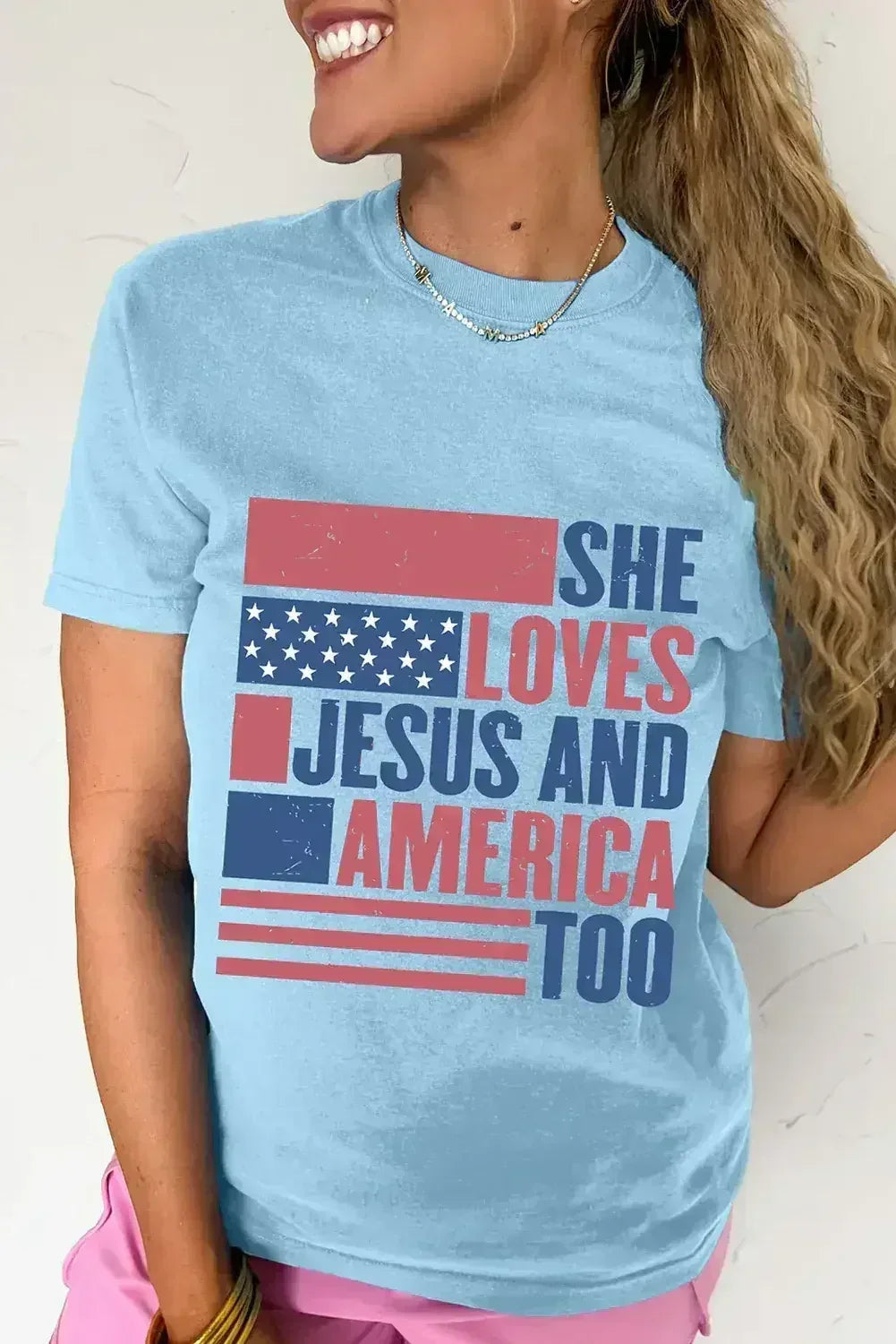 Light Blue SHE LOVES JESUS AND AMERICA TOO Patriotic T Shirt