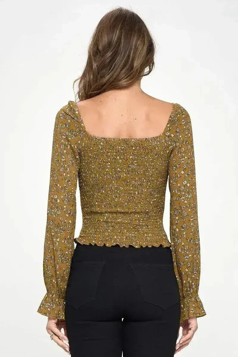 Floral Smocked Long Sleeve Top - Ruffle Neck Blouse in Mauve & Mustard | Femstylo