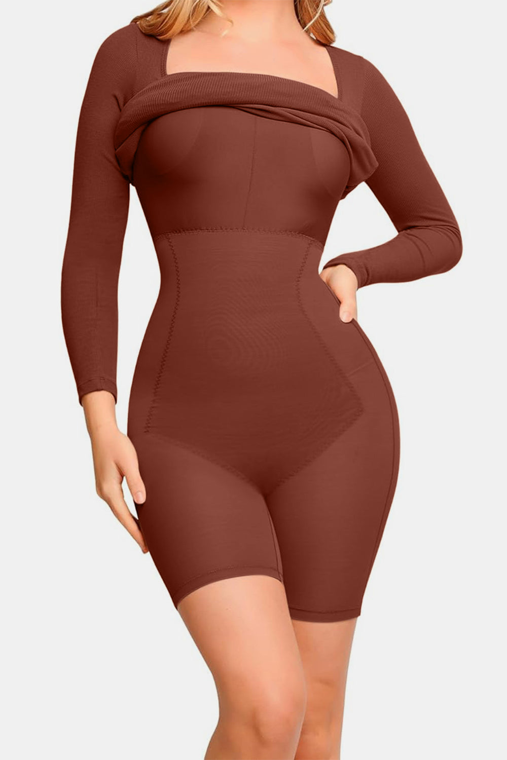 Elegant Black Full Size Built-In Shapewear Square Neck Long Sleeve Dress Sculpting Fit Dress for Women