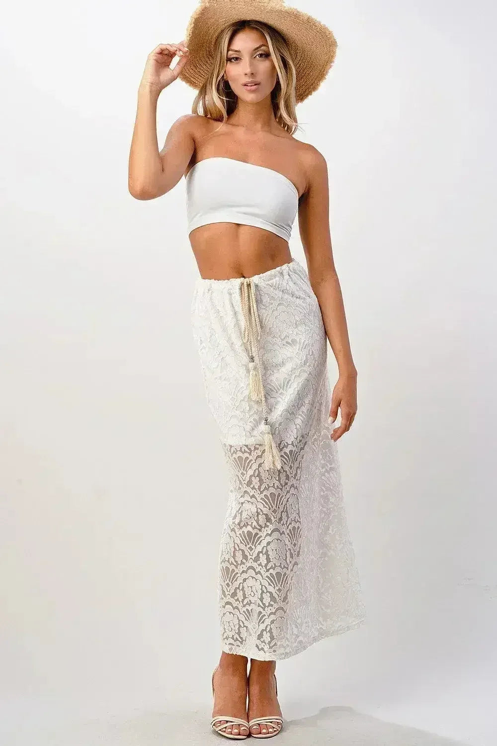 Sheer Lace Maxi Skirt - Drawstring Waist & Bow | Femstylo