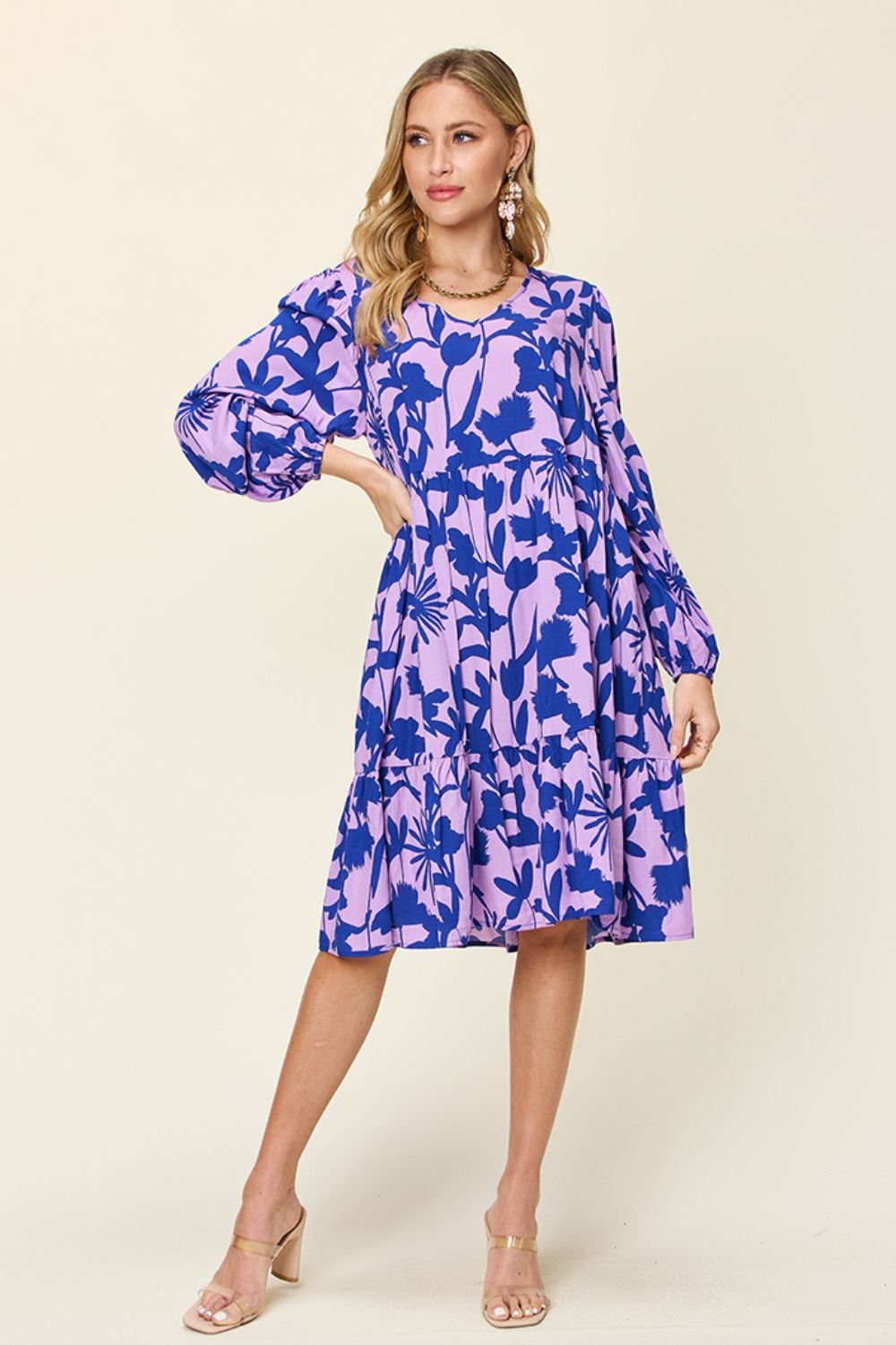 Double Take Full Size Printed Ruffle Hem Dress with Pocket Stylish & Functional Women Dress