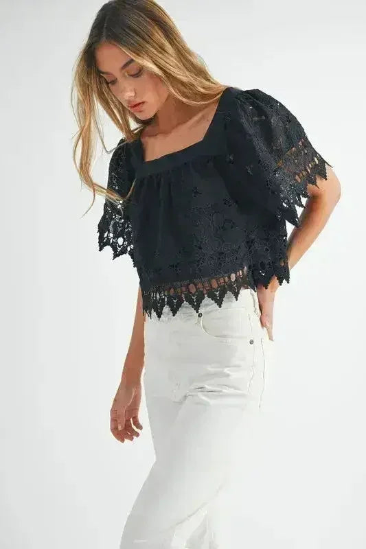 MABLE Square Neck Crochet Lace Top With Double Bow Tie