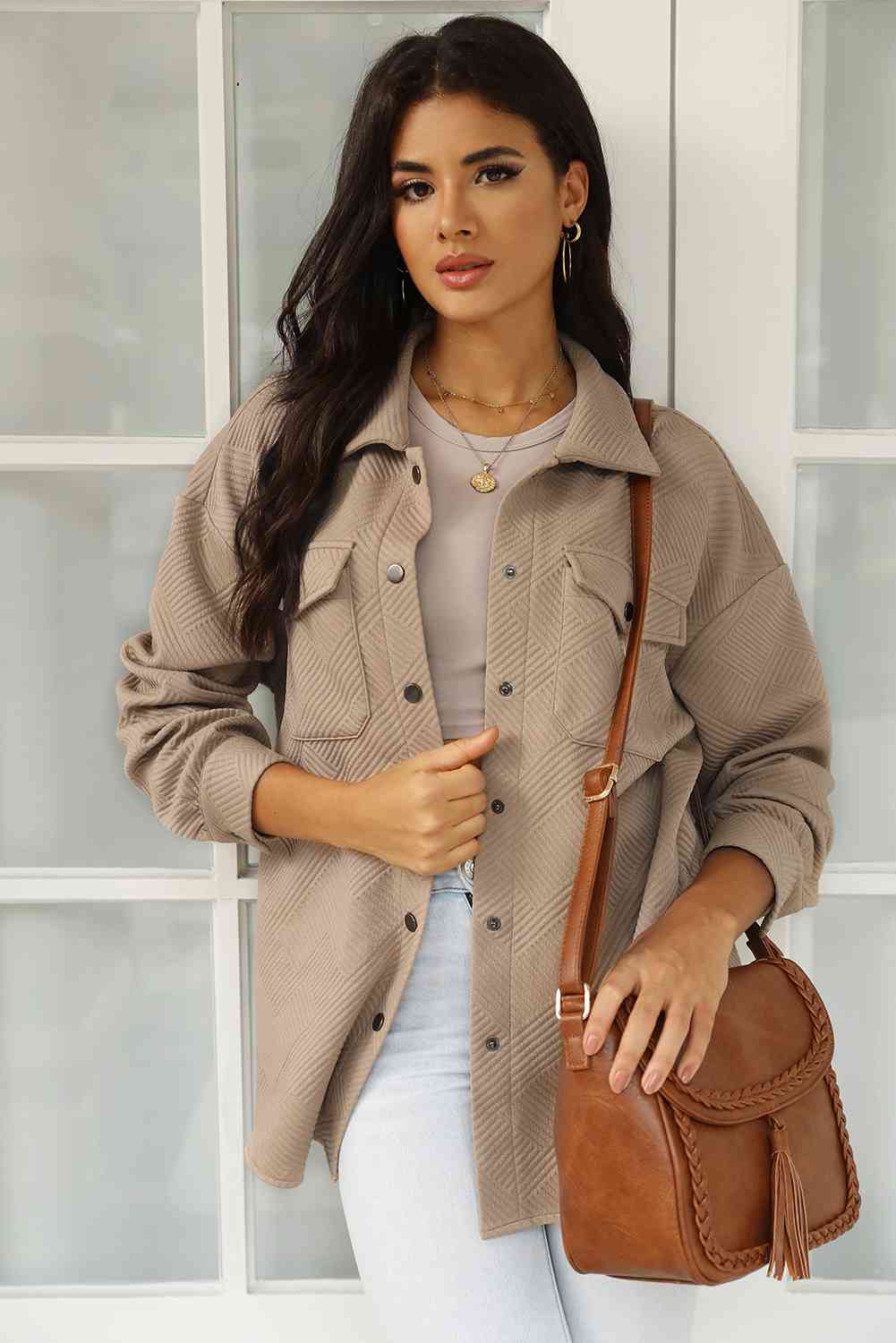 Cloudy Blue Snap-Front Collared Jacket with Pockets Lightweight and Versatile Jacket