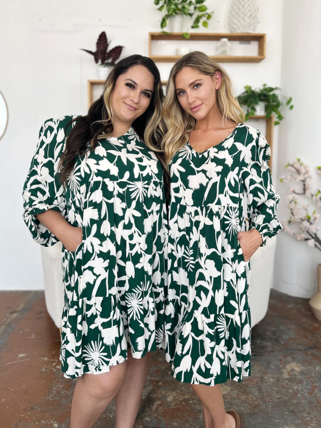 Double Take Full Size Printed Ruffle Hem Dress with Pocket Stylish & Functional Women Dress