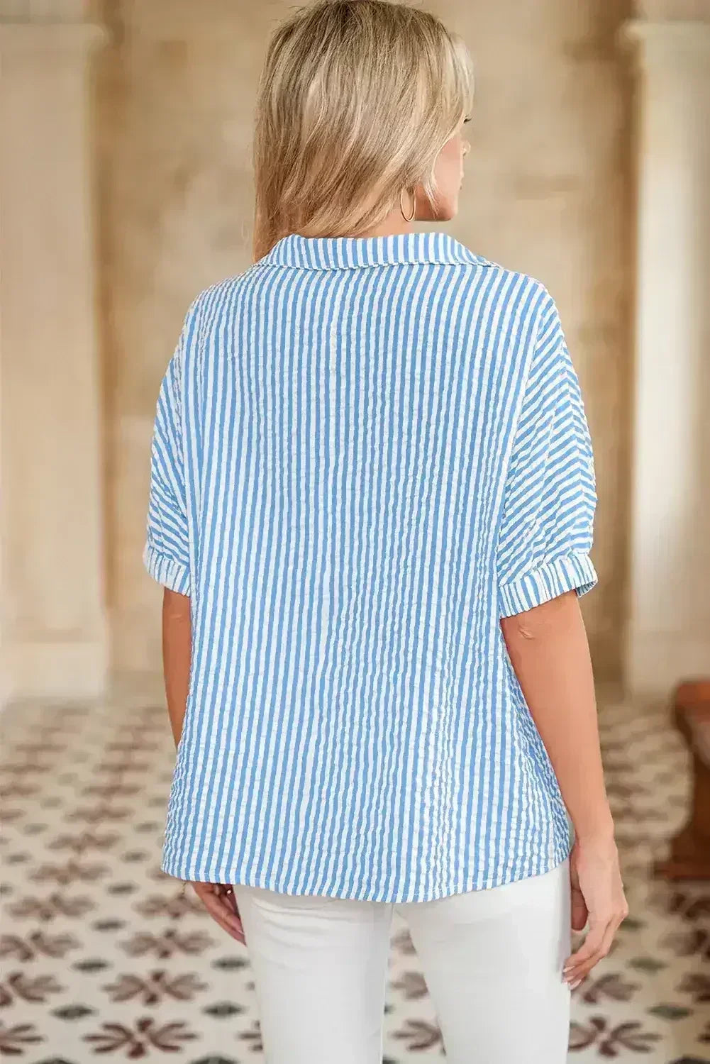 Sachet Pink Striped Dolman Sleeve Color Neckline Blouse | Femstylo