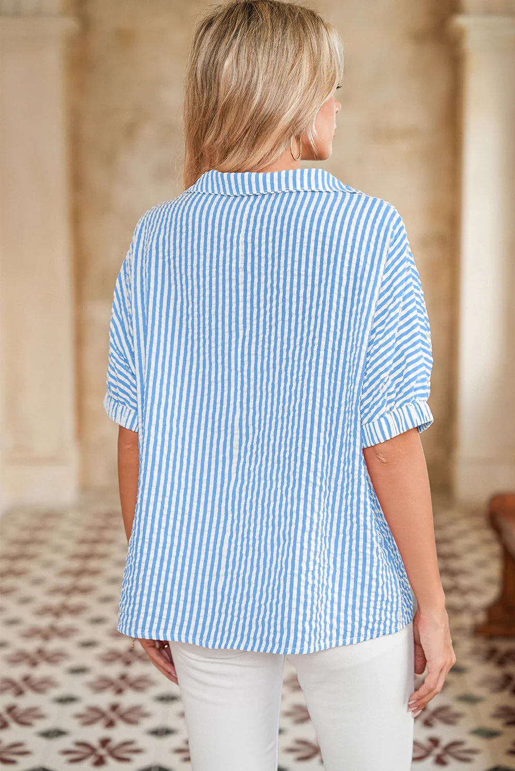Sachet Pink Striped Dolman Sleeve Pop of Color Neckline Blouse