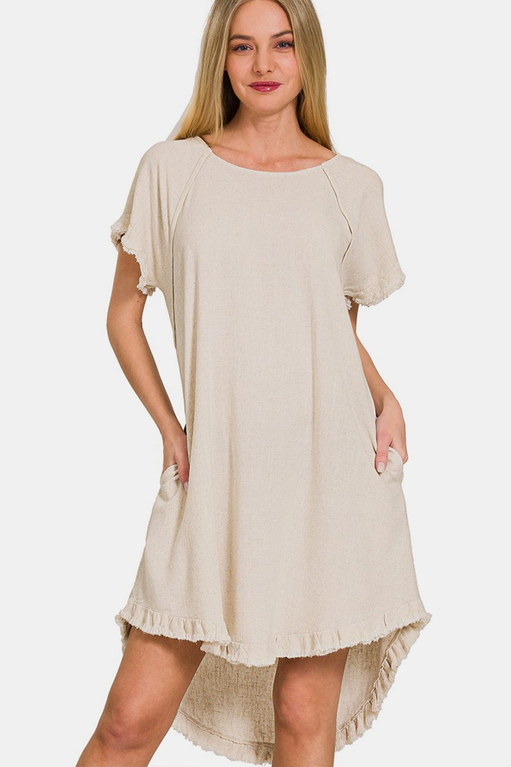 Fringe Edge High Low Flowy Dress with Pockets – High Low Flowy Dress, Boho Fringe Dress, Pocketed Flowy Dress, Bohemian High Low Dress, Stylish High Low Dress, Versatile Boho Dress, Summer Flowing Dress