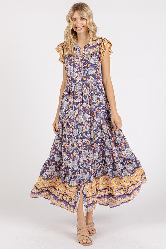 Floral Ruffled Notched Cap Sleeve Maxi Summer Dress For Women – Bohemian Chic Dress with Floral Print and Ruffled Details