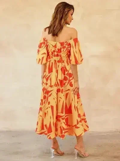 Printed Off-Shoulder Balloon Sleeve Dress