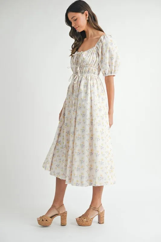 Floral Drawstring Detail Puff Sleeve Midi Dress – Romantic Floral Midi Dress, Ruched Drawstring Dress, Feminine Puff Sleeve Dress, Trendy Garden Party Dress For Summer