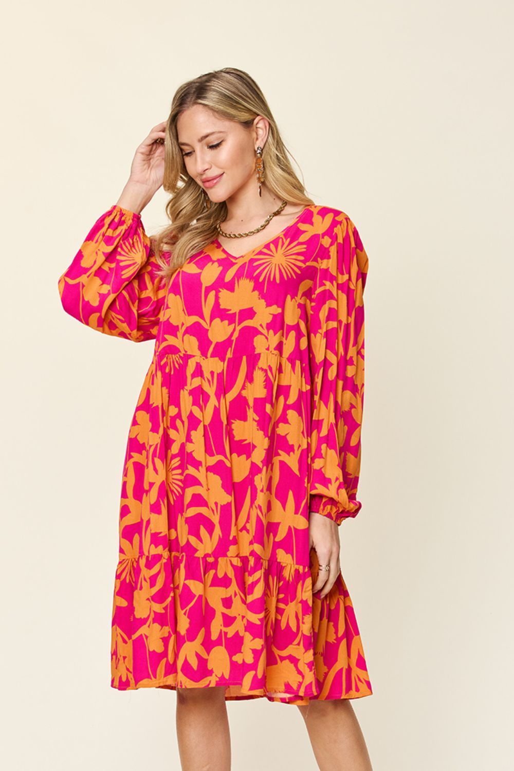 Double Take Full Size Printed Ruffle Hem Dress with Pocket Stylish & Functional Women Dress