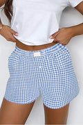 Blue Vintage Gingham Print High Waisted Loose Shorts