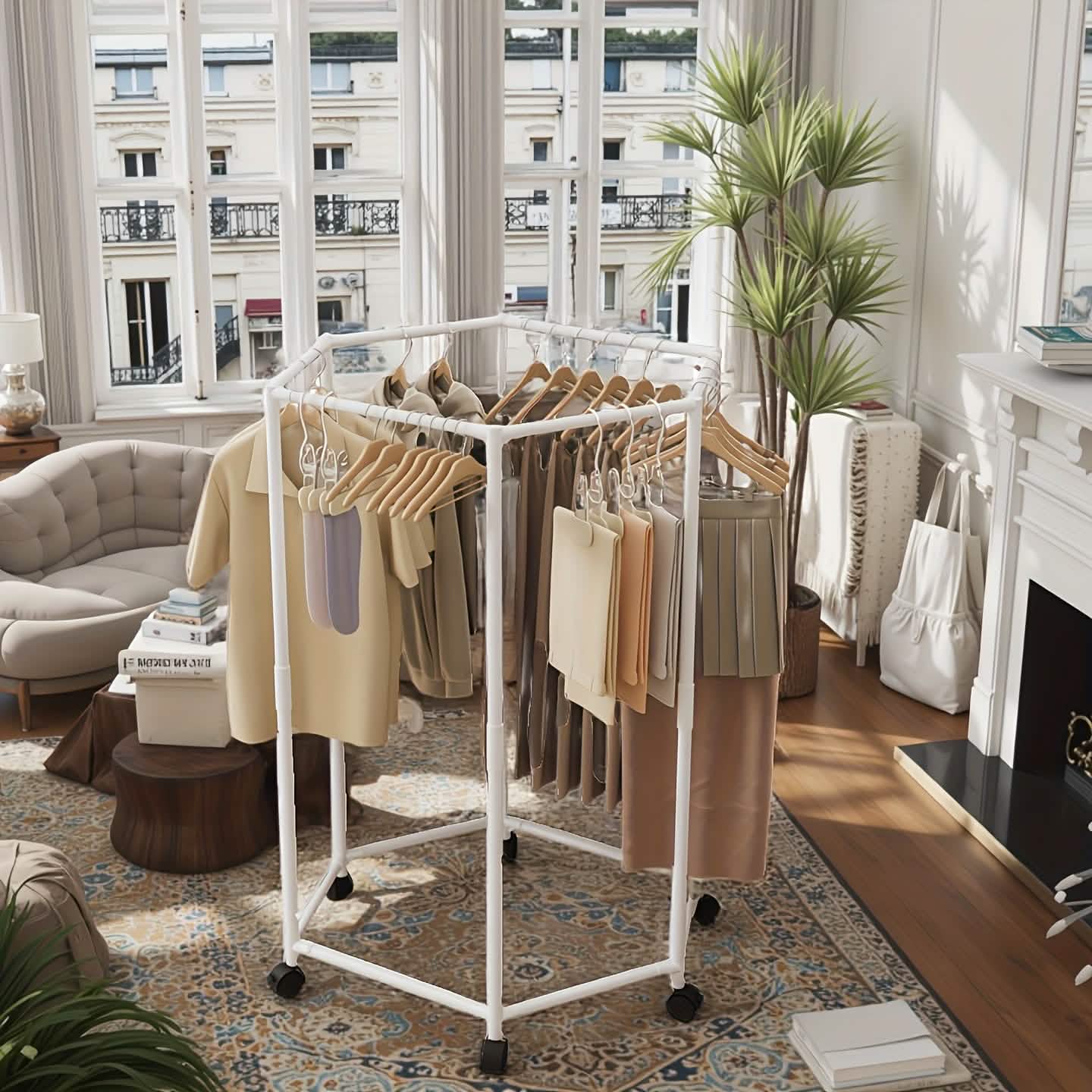 360 Rotating Freestanding Clothing Rack, Hexagonal Carbon Steel Organizer with Wheels