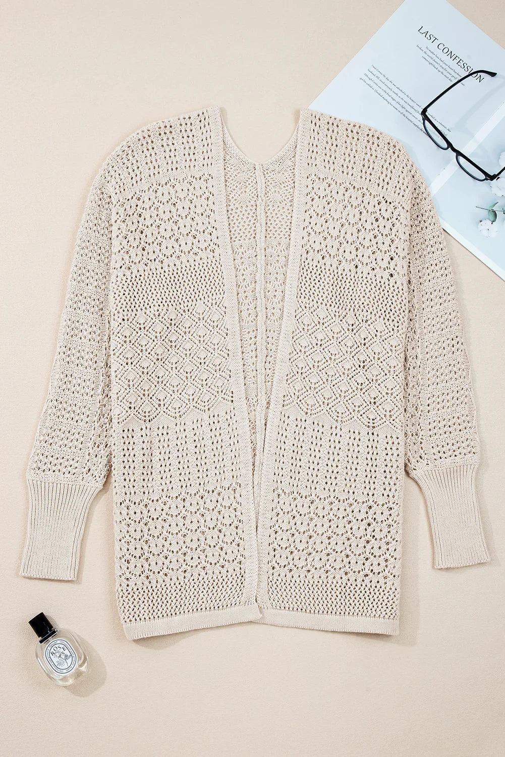 Redwood Burl Mix Pattern Hollow Knit Open Front Cardigan