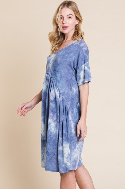 Tie-Dye V-Neck Half Sleeve Dress – Casual, Fluttering, Stylish and Trendy Tie-Dye Dress with Flattering V-Neck and Comfortable Half Sleeves