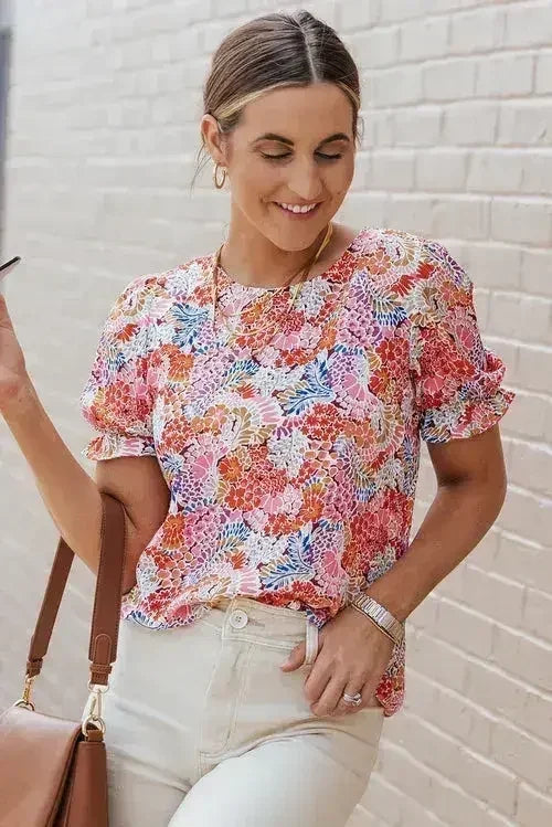 Floral Bubble Sleeve Blouse - Multicolor Print Top | Femstylo
