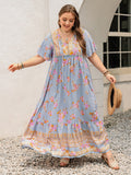 Pink Purple Plus Size Printed Flutter Sleeve Maxi Dress Elegant & Flowy Dress Unique Design