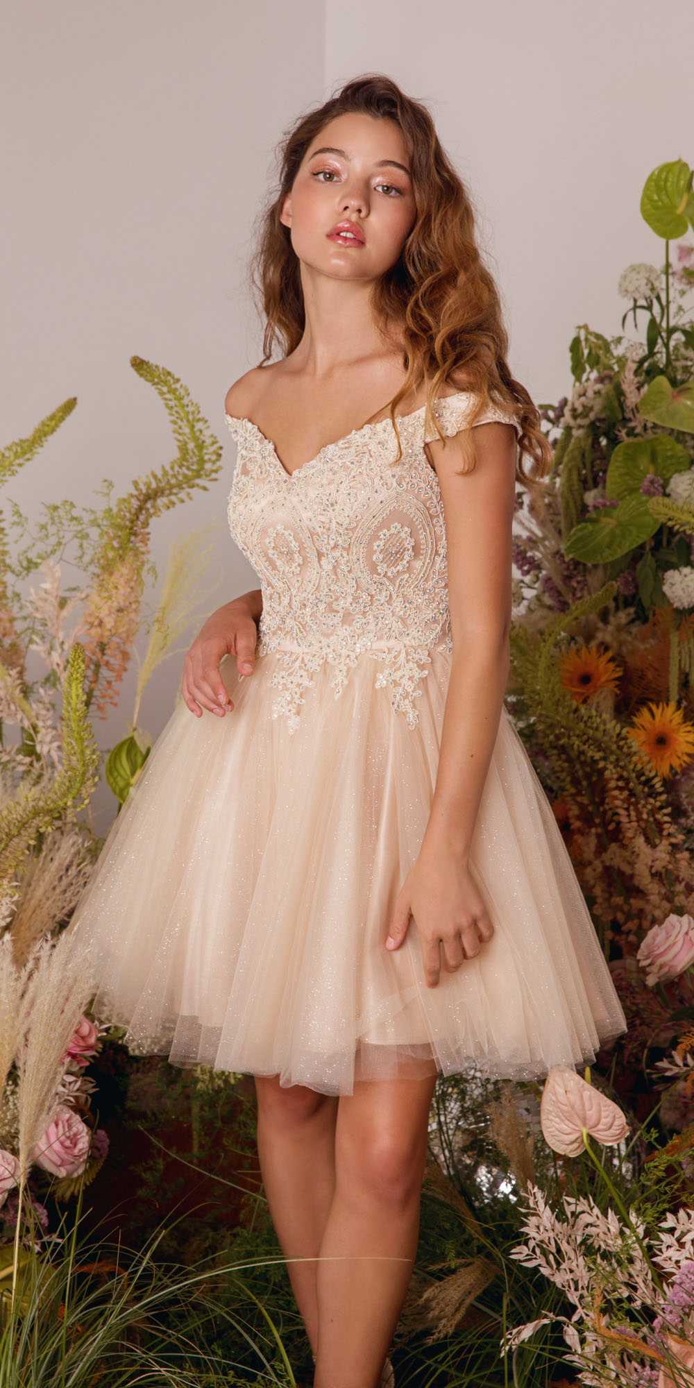 CLEARANCE - Eureka 9833 Short A-Line Off Shoulder Glitter Mesh Dress (Size M)