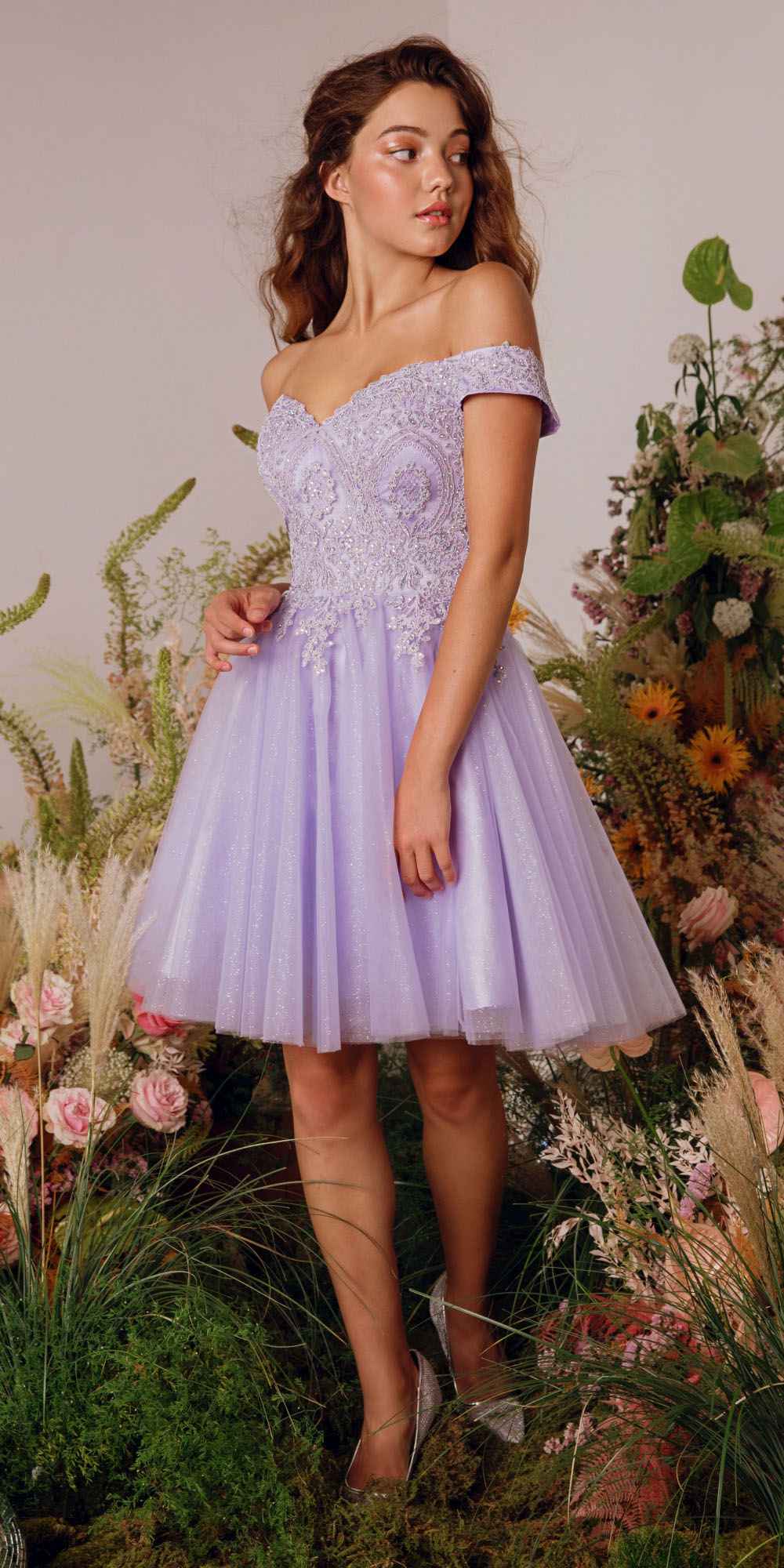 CLEARANCE - Eureka 9833 Short A-Line Off Shoulder Glitter Mesh Dress (Size M)