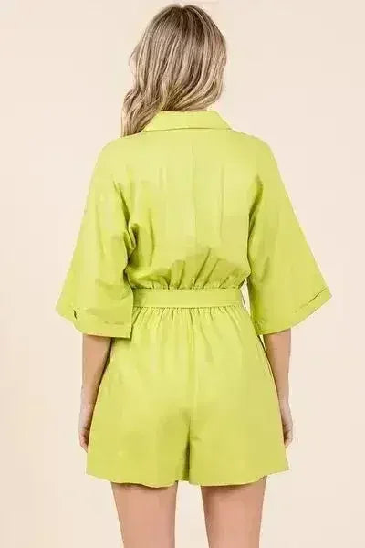 Tie Waist Romper - Half Sleeve Linen Blend Jumpsuit | Femstylo