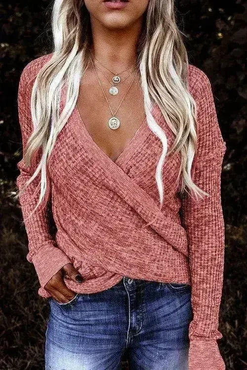 Women's Pink Deep V-neck Long Sleeve Knit Sweater