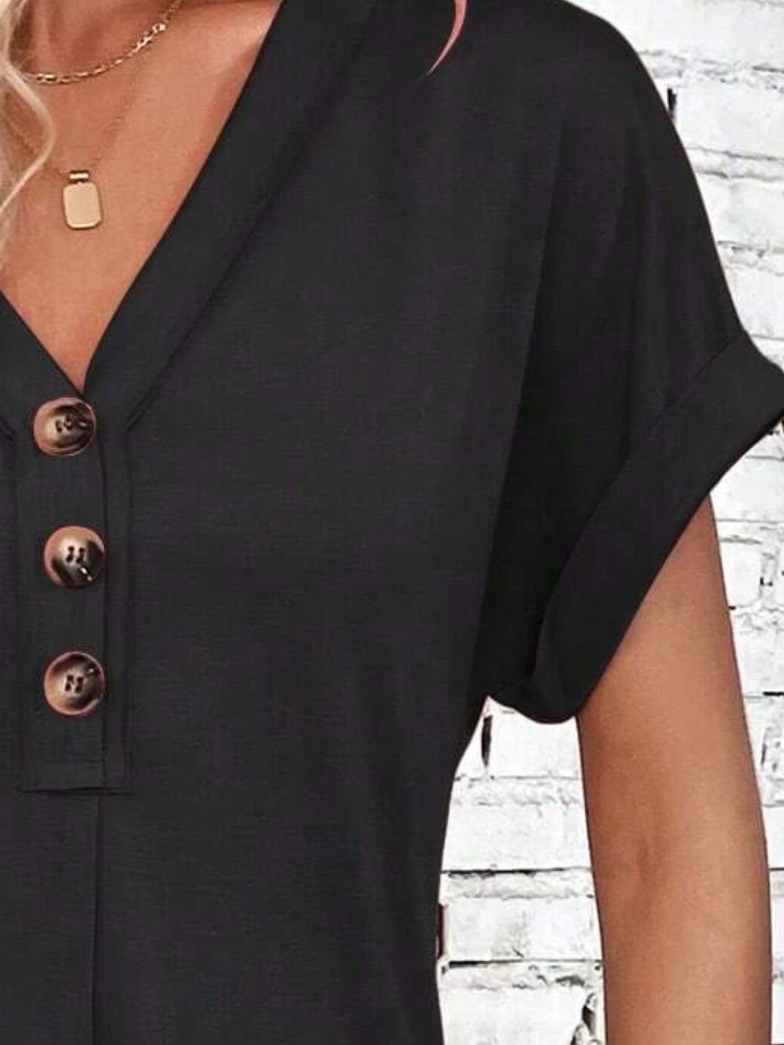 Elegant Button V-Neck Short Sleeve Dress Flattering Casual & Office Wear Simple Dress