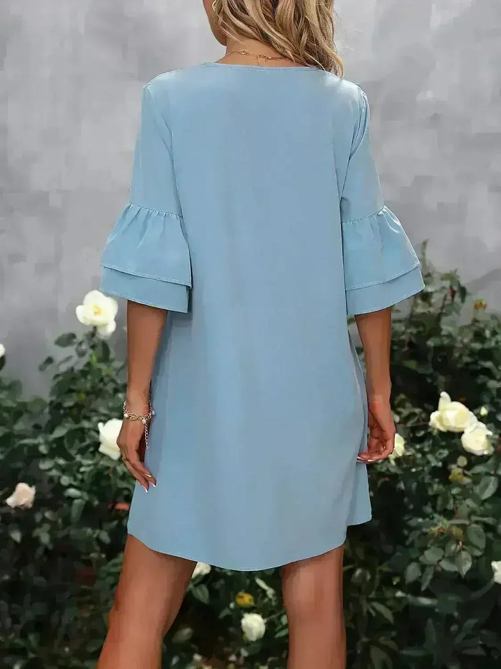 V-Neck Mini Dress – Ruffled Detail & Decorative Buttons