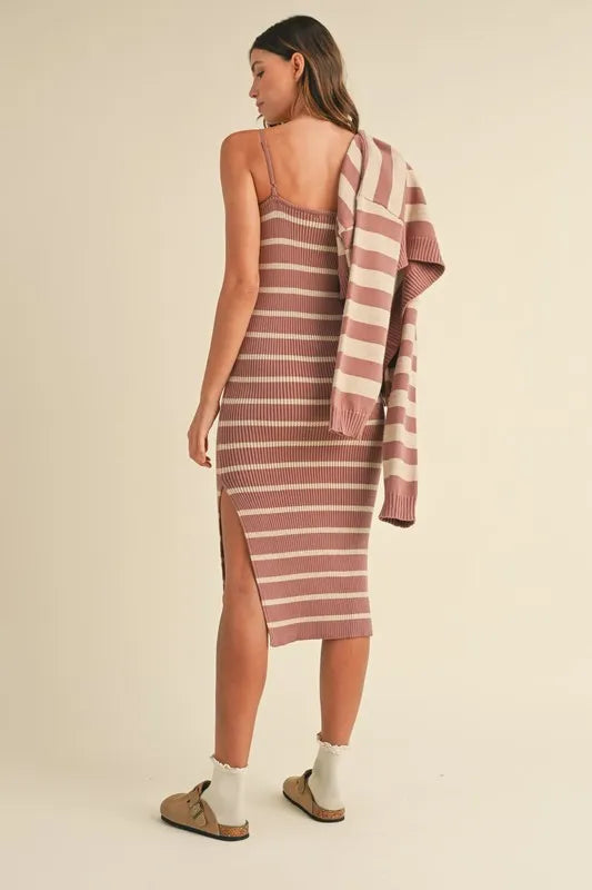 Stripe Crop Cardigan and Bodycon Dress Sweater Set – Two-Piece Knit Set, Striped Crop Cardigan Dress, Cozy Sweater Dress Set, Chic Layered Knit Outfit