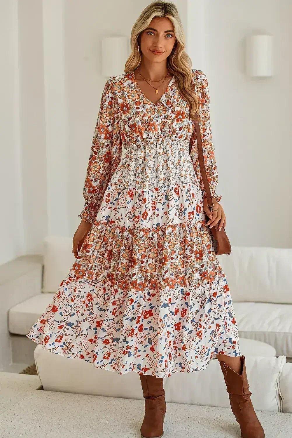 Khaki Floral Print Ruffled Tiered Long Sleeve V Neck Midi Dress