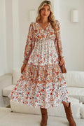 Khaki Floral Print Ruffled Tiered Long Sleeve V Neck Midi Dress