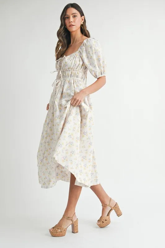Floral Drawstring Detail Puff Sleeve Midi Dress – Romantic Floral Midi Dress, Ruched Drawstring Dress, Feminine Puff Sleeve Dress, Trendy Garden Party Dress For Summer
