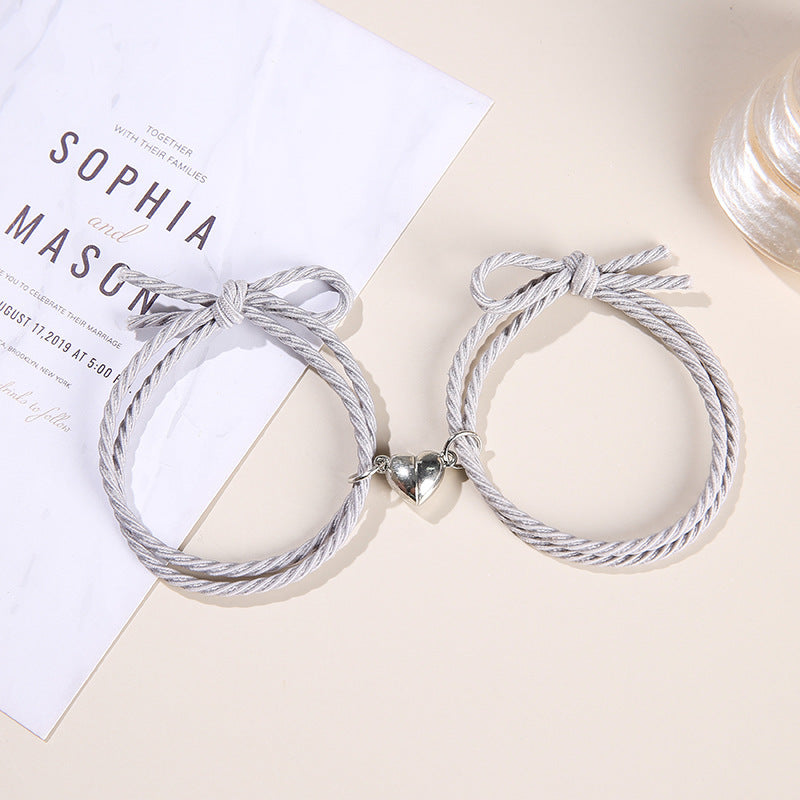 2PCS Magnetic Bracelet Stainless Steel Love Heart Charm Couple Bracelets For Friend Braid Rope Bracelets Magnet Adjustable Rope Matching Bracelet Love Bracelet Couples 2 Pieces Relationship Magnetic Bracelet