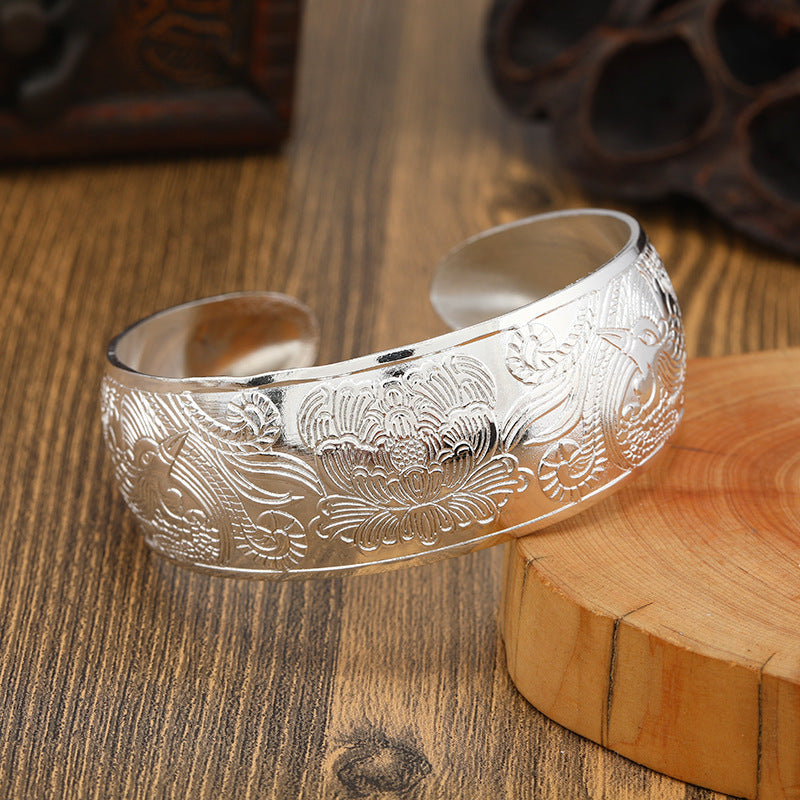 Big Elegant Luxury Amazing Classic Fashion Flower Metal Tibetan Indian Silver Vintage Retro Fashion Cuff Bracelet Bangle For Woman With Details of Animals