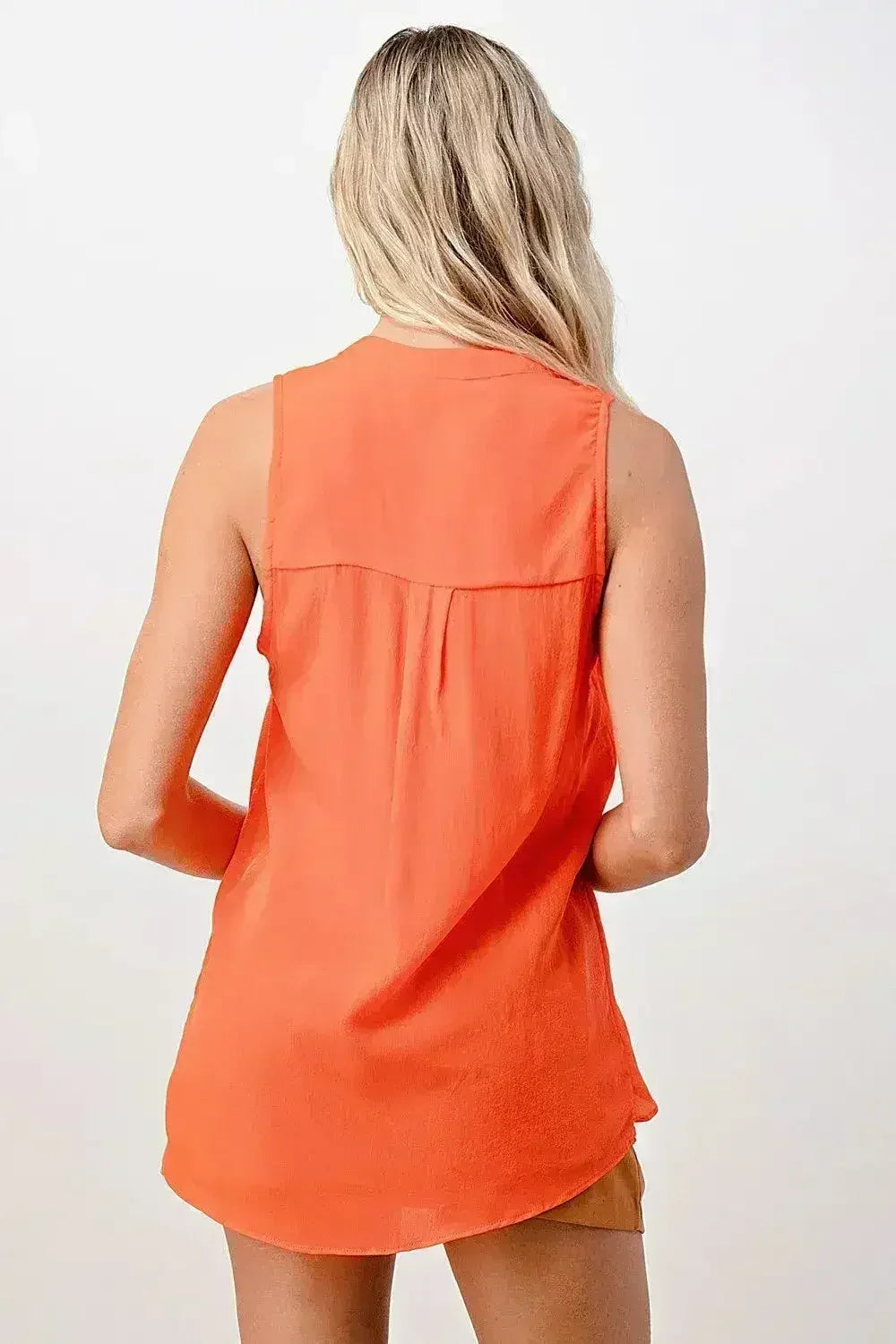 Silk Sleeveless Ruffle Blouse - Asymmetrical Button-Up Top in Orange & Blue | Femstylo