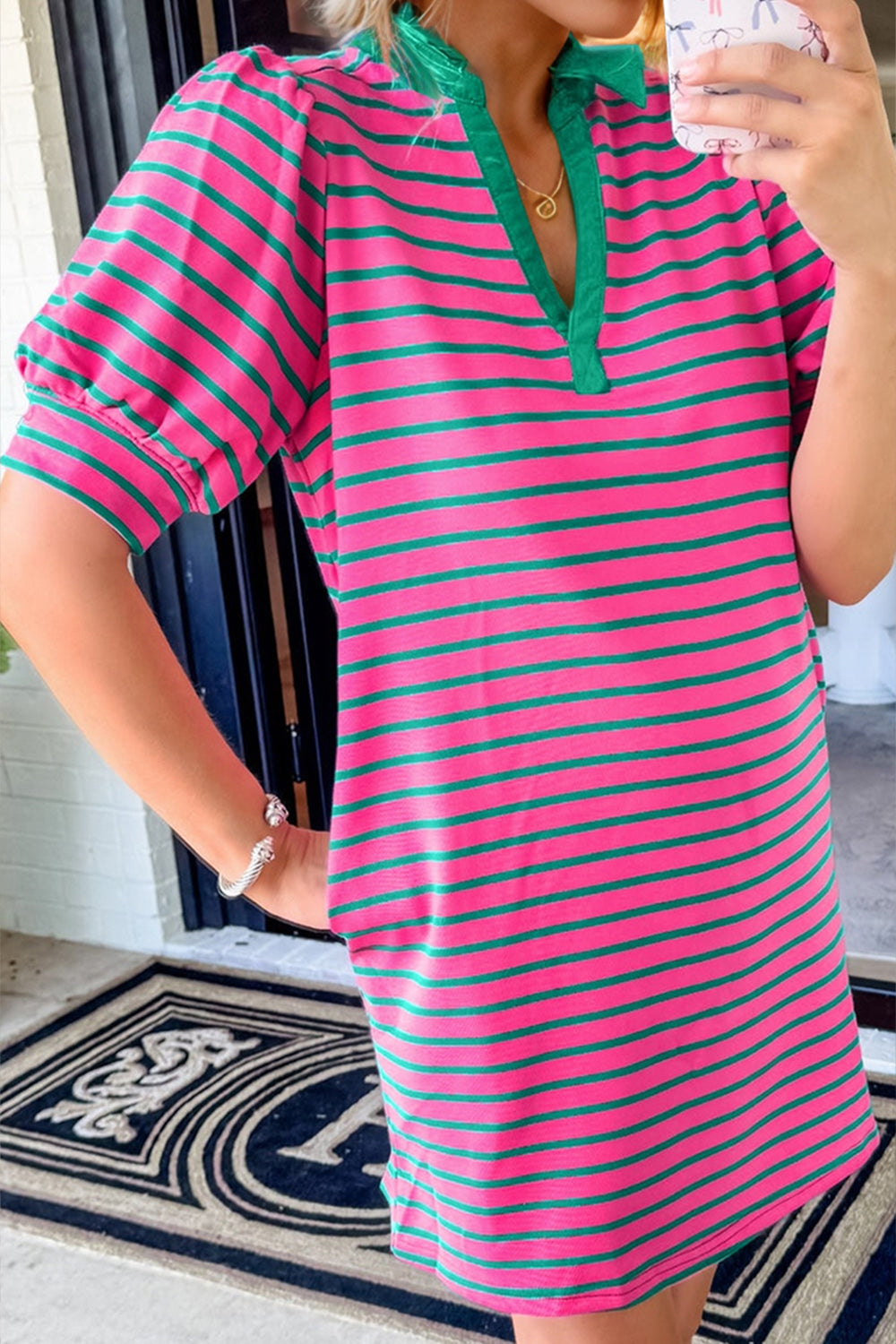 Pink Striped Collar Puff Sleeve Mini Tee Dress Chic & Casual Statement Piece Simple Women Dress