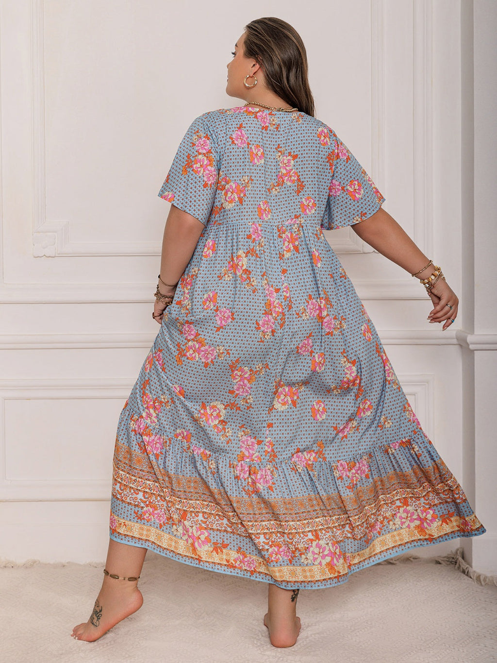 Pink Purple Plus Size Printed Flutter Sleeve Maxi Dress Elegant & Flowy Dress Unique Design