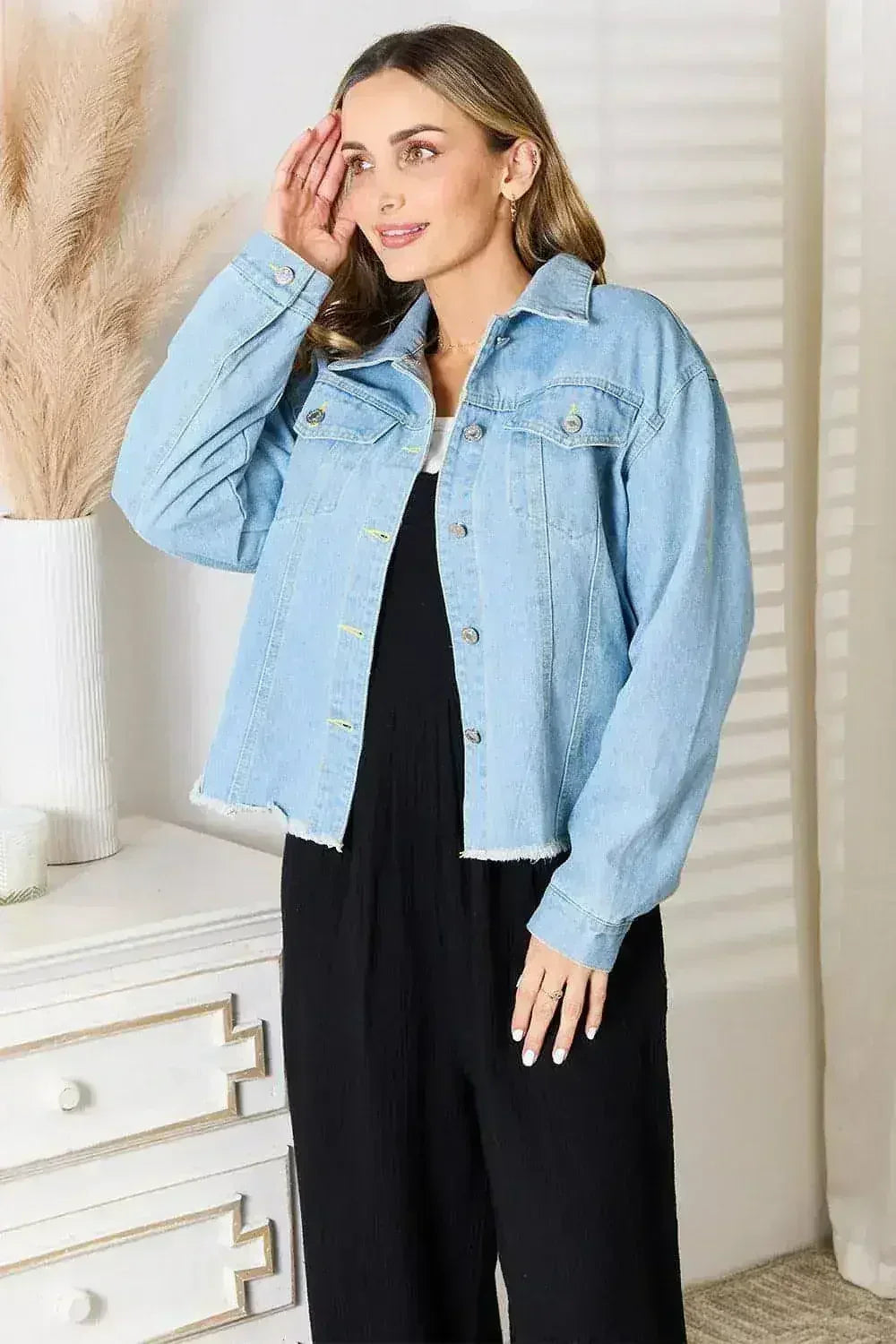 Raw Hem Denim Jacket - Dropped Shoulder Design | Femstylo