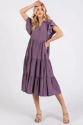 Ruffle Sleeve Collared Tiered V-Neck Midi Dress – femstylo