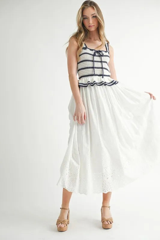Crochet Stripe Knit Eyelet Mix Midi Dress – Crochet Midi Dress, Stripe Knit Dress, Eyelet Mix Dress, Trendy Midi Dress, Versatile Midi Dress