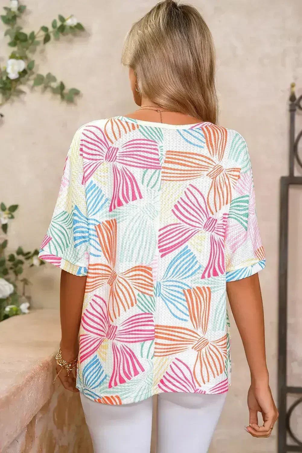 Sky Blue Bowknot Print Waffle Loose Tee