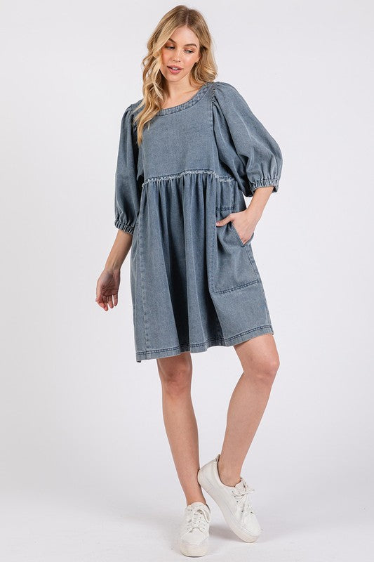 Washed Round Neck Puff Sleeve Denim Dress – Casual, Vintage-Inspired, Comfortable & Chic, Effortlessly Stylish, Classic Denim Dress