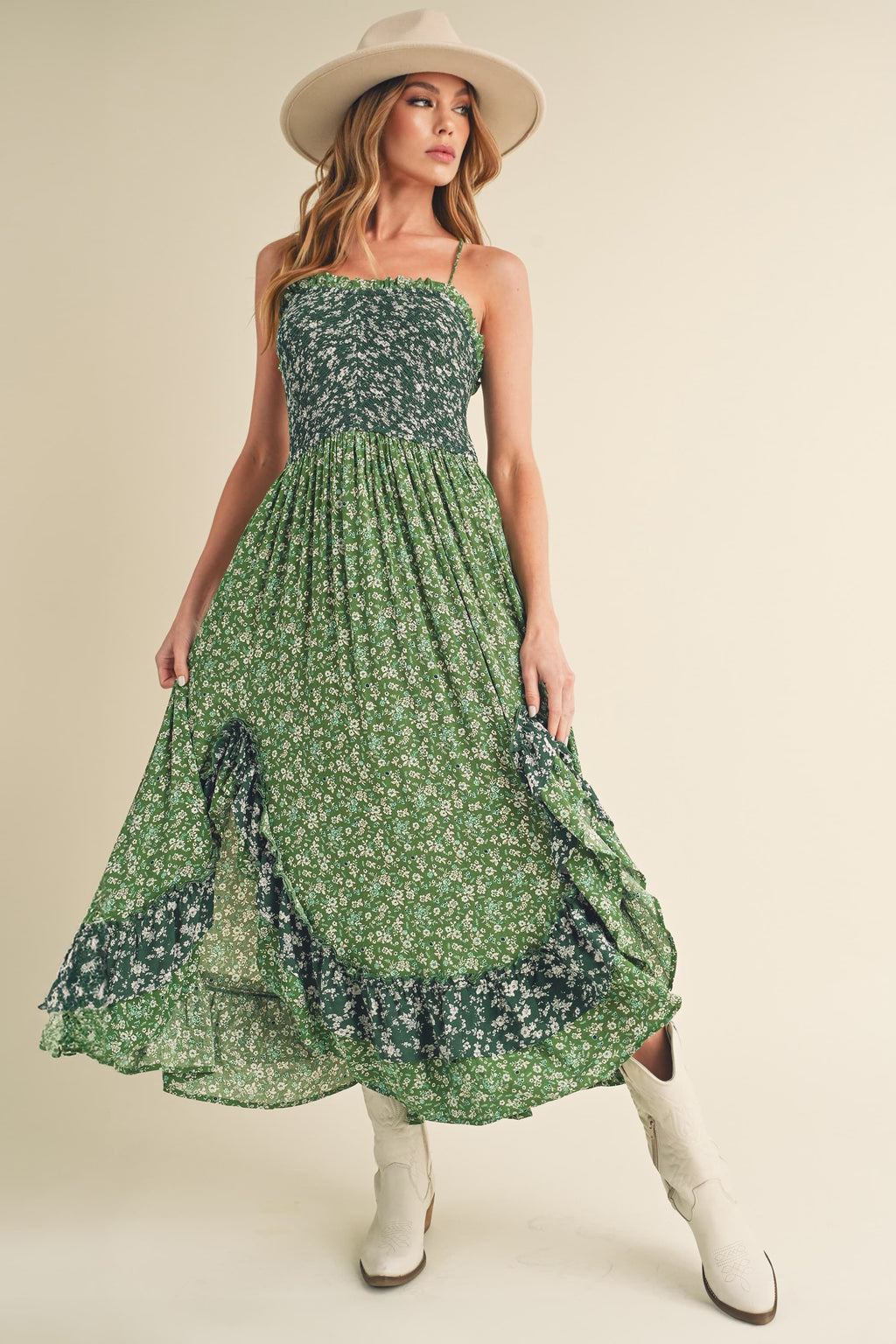 Ditsy Floral Ruffled Hem Maxi Cami Dress For Women –Romantic Floral Print, Flowy Maxi Length, Feminine & Elegant Design for Casual & Special Occasions